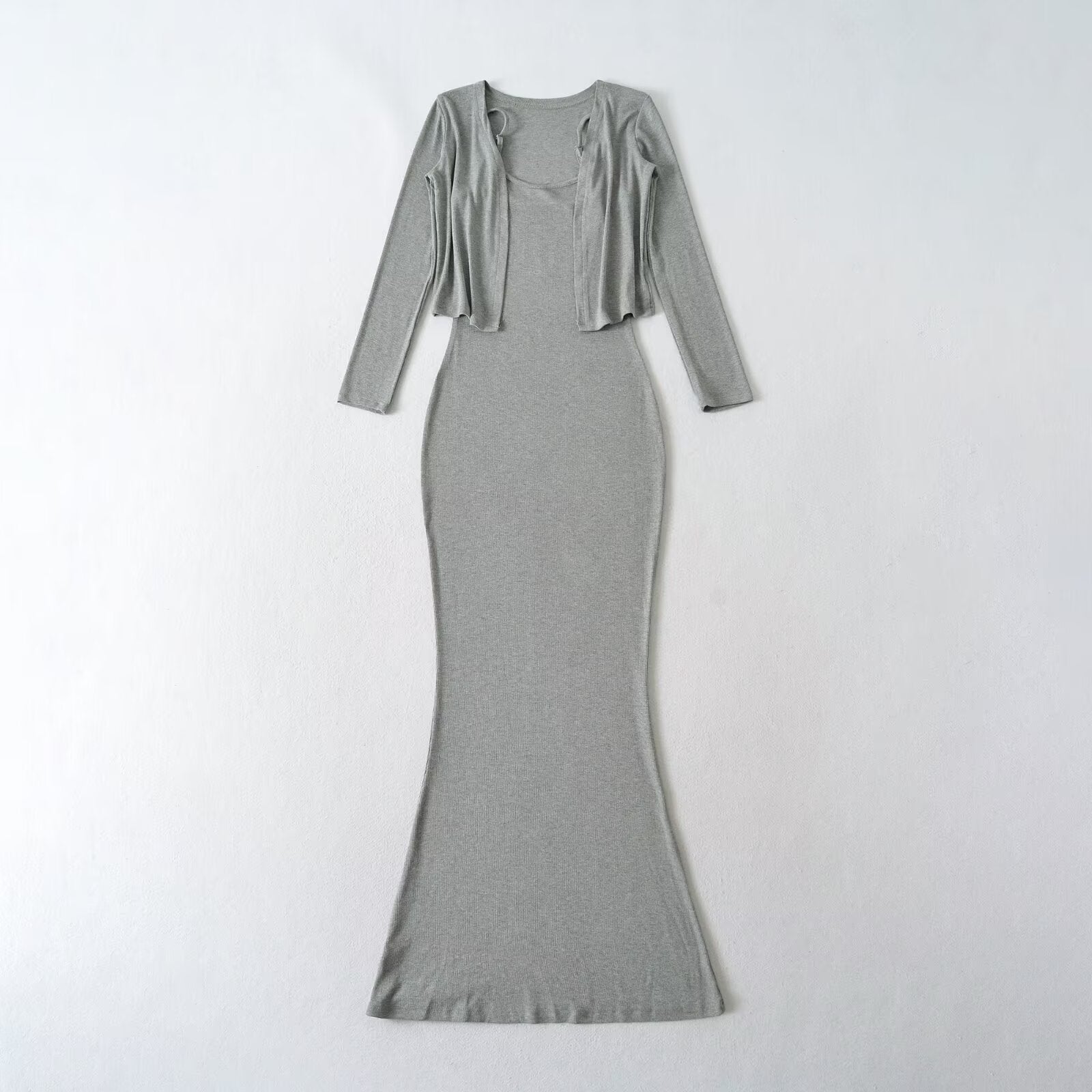 Strap Fish-tail Maxi Dress With Long-sleeve Cardigan A Sassy Two-piece Set For Women