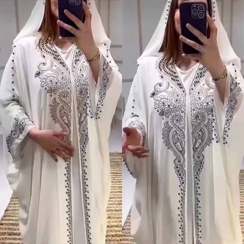 ALFO Muslim Dress for Women Hooded Abaya 2 Piece Set Diamond Jalabiya Morocco Party Dresses Dubai Abayas Kaftan Vestido Long Robe