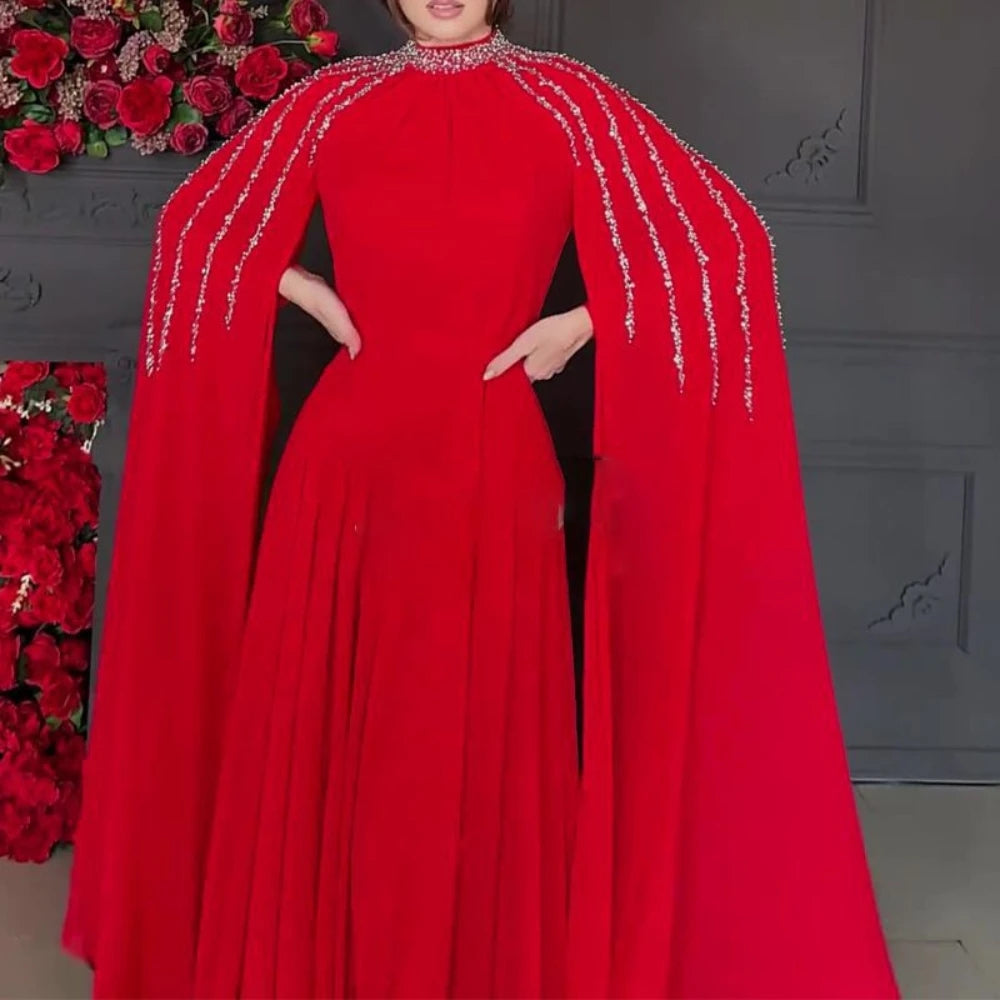 Modest Arabic Dubai Long Sleeves Evening Dress In Stock Silver Deatils A Line Formal Events Wear Classic High Neck Prom Gown