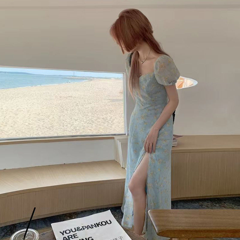 Summer Chic Square-Neck Puff-Sleeve Slit Maxi Dress