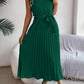 Women's Elegant Stand Collar Sleeveless Tie Waist Pleated Maxi Dress