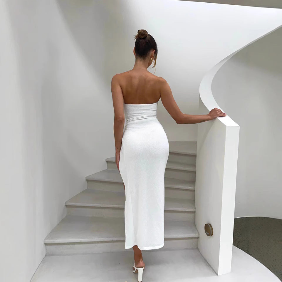 Womens Rope-strapped Tube Top Split-back Maxi Dress