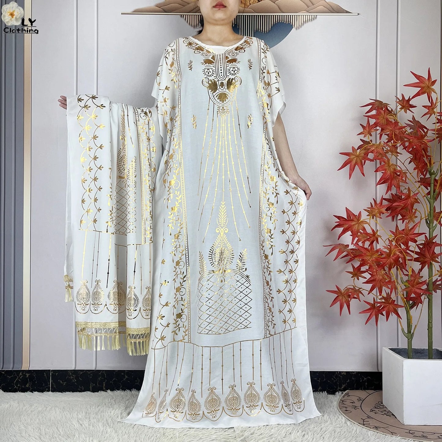 New ALFO  Muslim Summer Short Sleeve Robe Gold Stamping Boubou Maxi Women Femme Loose Dress With Big Scarf African Abaya Clothes