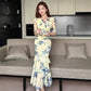 V-neck Mesh Printed Short-sleeve Maxi Slip Dress