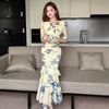 V-neck Mesh Printed Short-sleeve Maxi Slip Dress