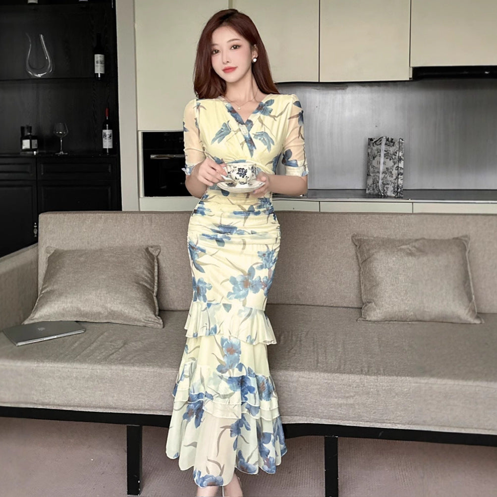 V-neck Mesh Printed Short-sleeve Maxi Slip Dress
