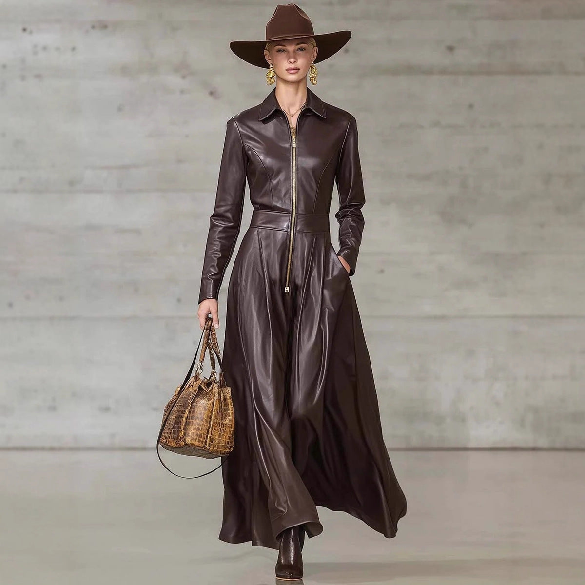 European And American Leather Long-sleeved Maxi Dress