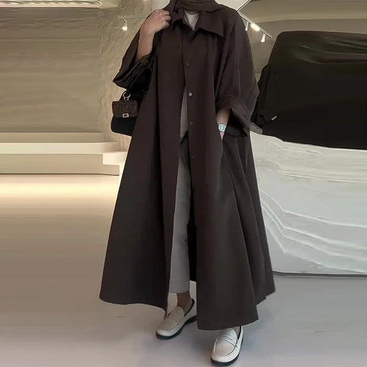 Eid Muslim Women Abaya Trench Coat Single Breasted Lapel Overcoat Ramadan Morocco Dubai Windbreaker Arab Casual Long Outerwear