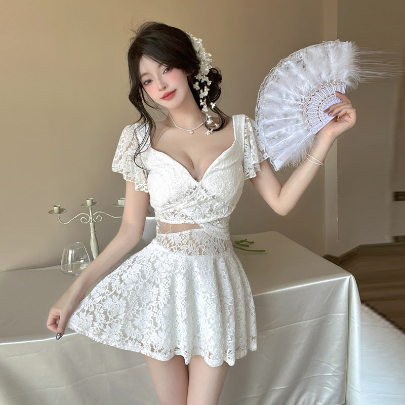 Flutter Sleeve Lace Hollow-Out Maxi Dress Petticoat