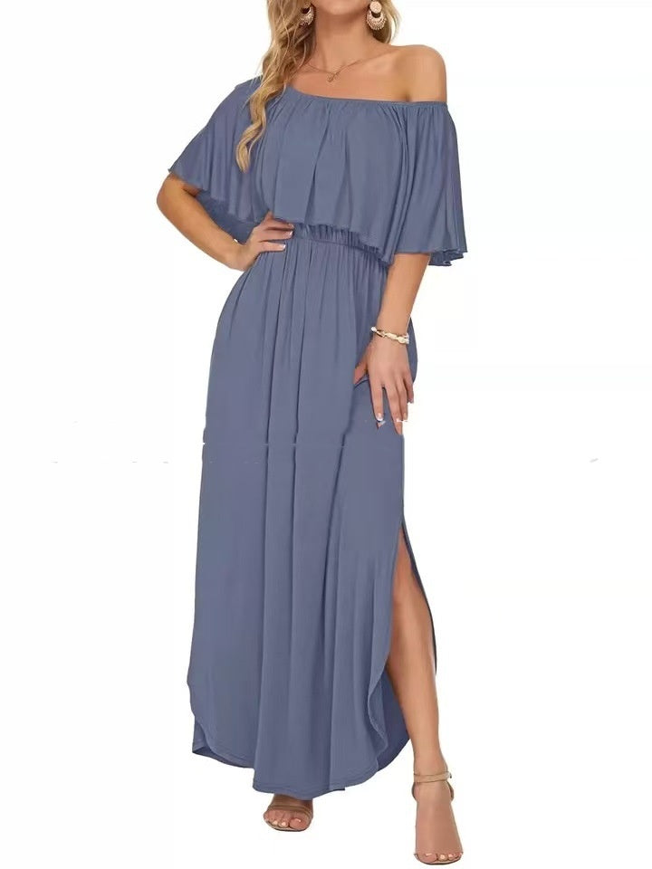 Printed Off-shoulder Short-sleeve Maxi Dress