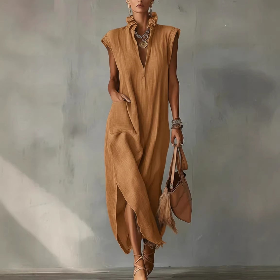 Womens Summer Sleeveless V-Neck Dress