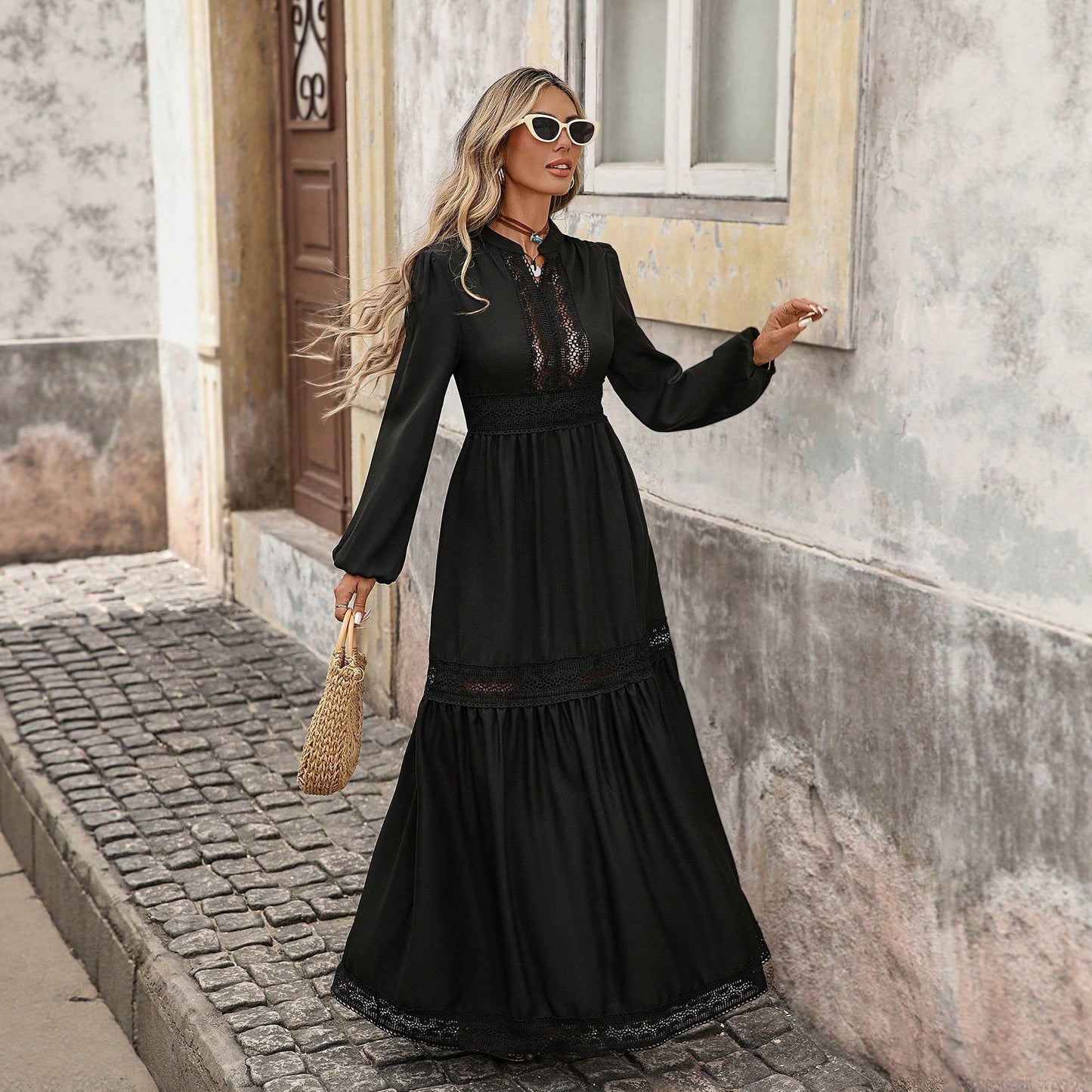 Lantern Sleeve Lace Panel Elegant Maxi Dress
